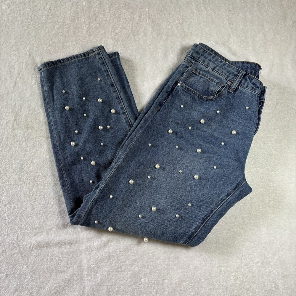 Ashley Masón Size11/30 Pearl Embellished Boyfriend Jean Straight Leg Medium Wash
